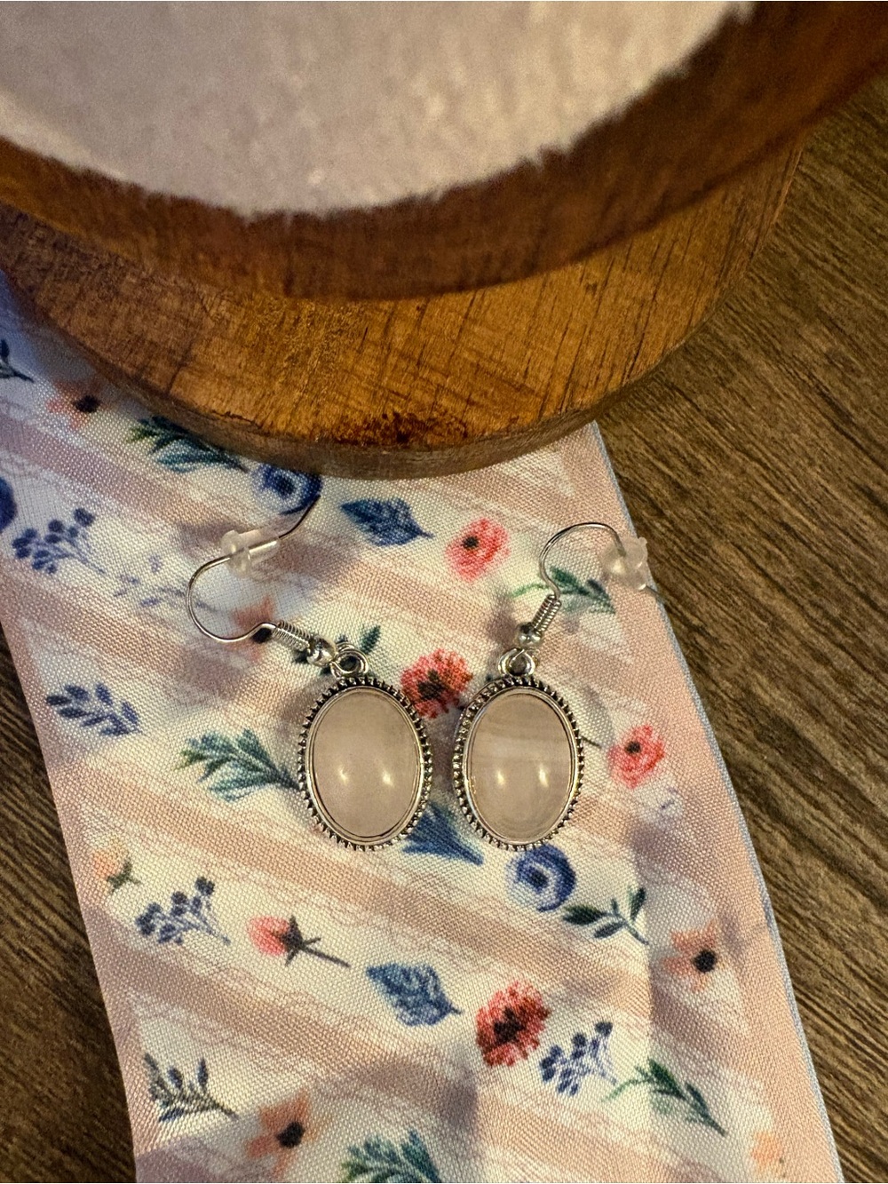 Silver-Frame Rose Quartz Oval Drop Earrings - Women Jewelry